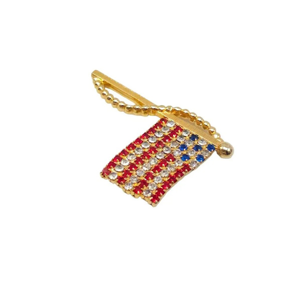 Red Blue White Rhinestone American Flag Patriotic Brooch Pin Gold Tone Vintage - Picture 2 of 4